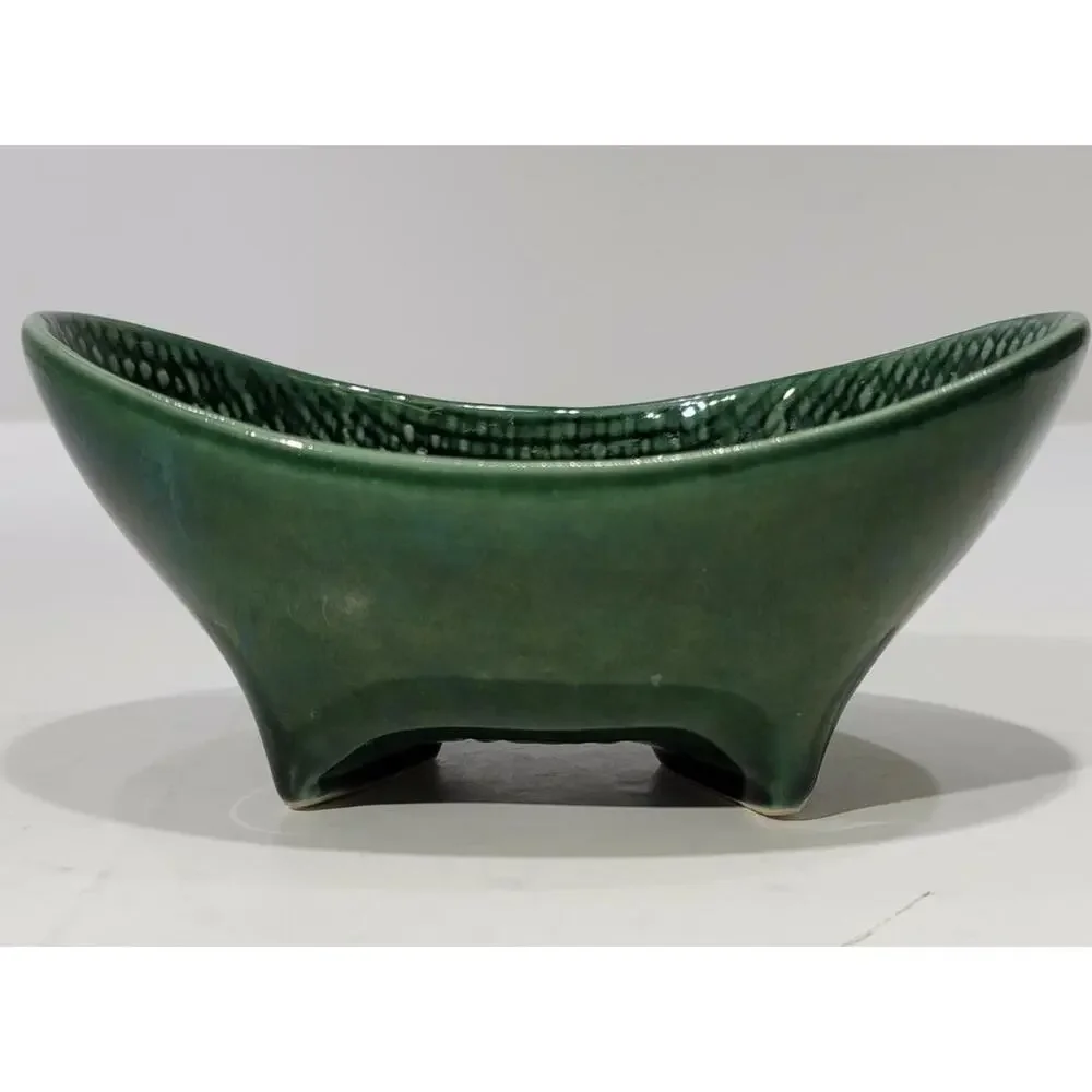 Vintage Green Glazed Textured Footed Mid Century Mod 7” HullI USA Dish 1950s mcm